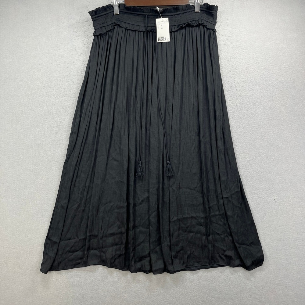 H&M Divided Maxi Skirt Womens XL Black Smocked Drawstring Tassel Boho Flowy NEW